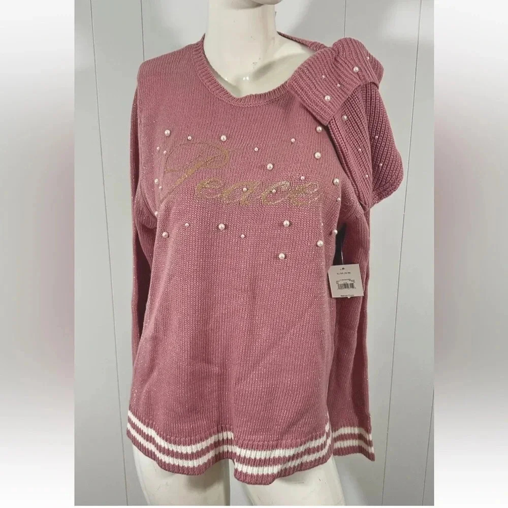 Holiday Time PEACE Ugly Christmas Knit Pink Sweater & Hat Size XL (16-18)